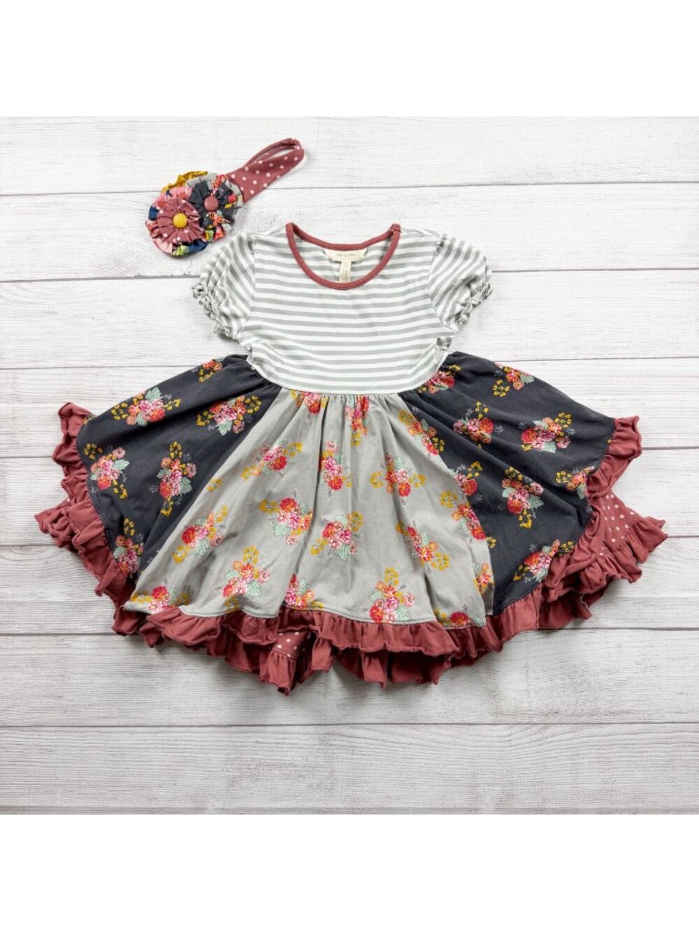 Matilda Jane Joanna Gaines Girls Floral Tiered Ruffle Dress Headband Set 6